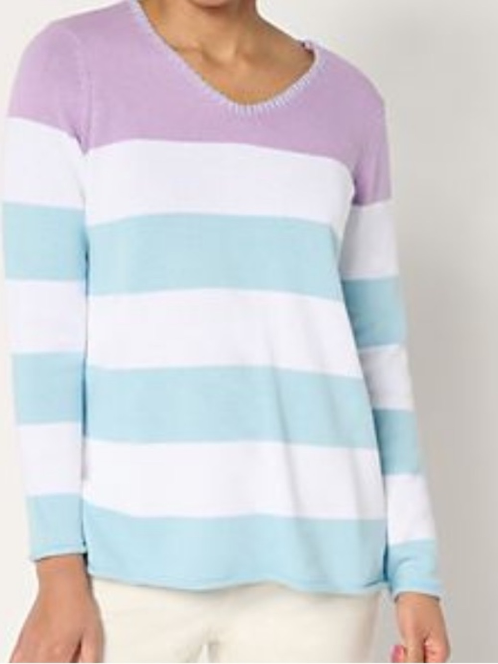 Denim & Co. 100% Cotton Striped Long Sleeve V-Neck Sweater-Antique lilac 1X